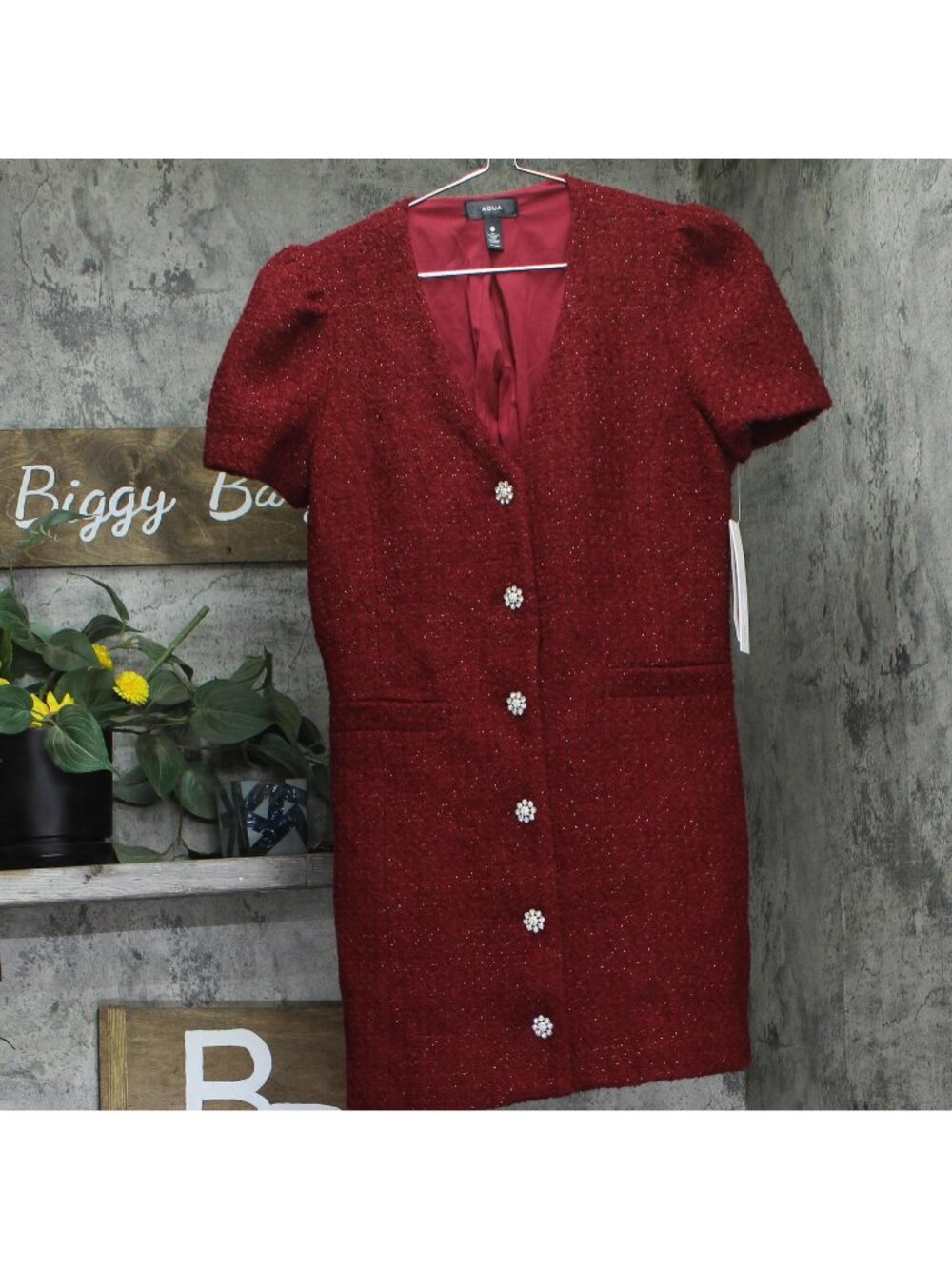 NWT Aqua Womens Tweed Lurex Button Up Sheath Mini Dress Dark Cherry Red M